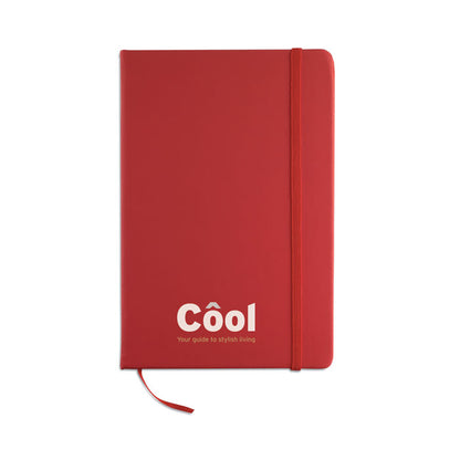 Libreta A5 con tapa rígida cierre goma roja con logo impreso