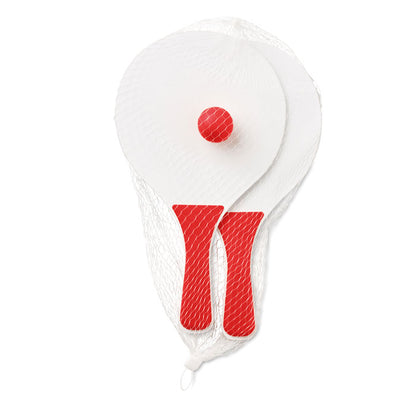 Set de palas de playa rojas y blancas con pelota en funda de malla