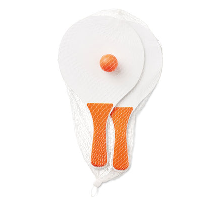 Set de palas de playa narnajas y blancas con pelota en funda de malla