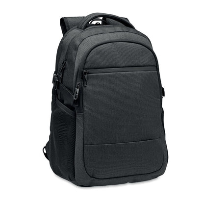 Mochila negra para portátil con 2 compartimentos centrales grandes y un bolsillo frontal con cremallera y bolsillos de red laterales