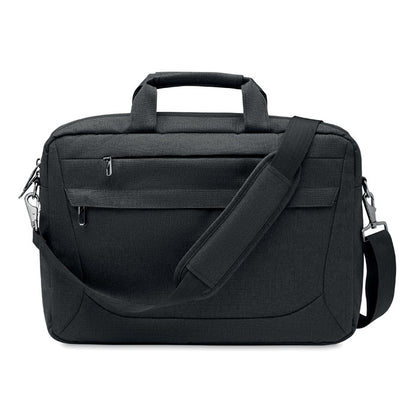 Mochila negra para portátil de 15" fabricada en poliéster RPET 600D con dos compartimentos principales y bolsillo frontal con cremallera.