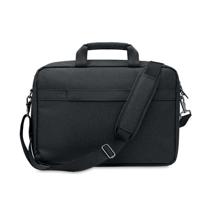 Maleta negra con tirantes desmontables y ajustables, soporte para carro y múltiples bolsillos para ordenador, tablet y objetos personales.