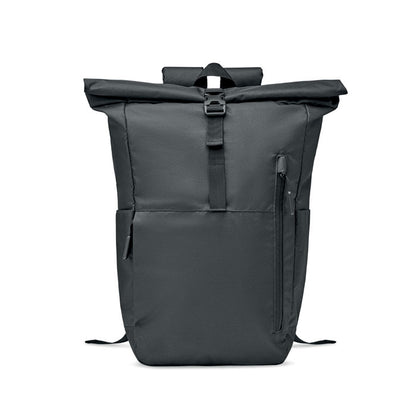 Mochila negra para portátil con cierre enrrollable rolltop con mosquetón negro y con un bolsillo frontal grande con cierre cremallera