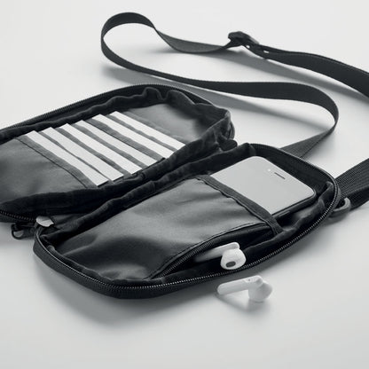 Bolso negro para móvil con bolsillo para móvil, compartimento para auriculares y varios bolsillos para tarjetas