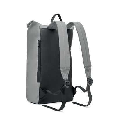 Espalda negra y correas ajustables de mochila reflectante gris con gran bolsillo lateral