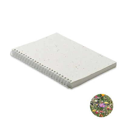 cuaderno A5 con espiral con tapas de papel de semillas de flores blanco