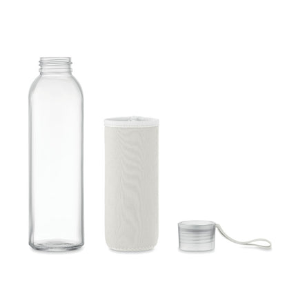 Botella de vidrio, funda blanca y tapón