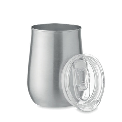 Vaso de acero inoxidable gris con tapadera de plástico transparente