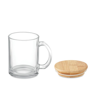 Taza de cristal y tapa de madera de bambú
