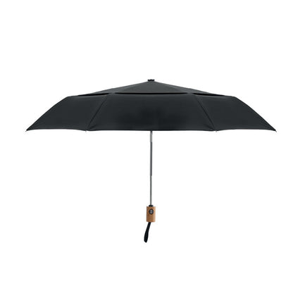 Paraguas plegable negro con mango de madera