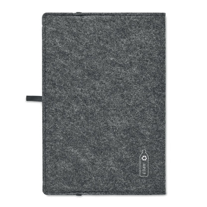 Vista trasera de cuaderno de fieltro gris oscuro
