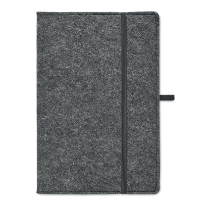Vista frontal de bloc de fieltro gris con goma para cerrar