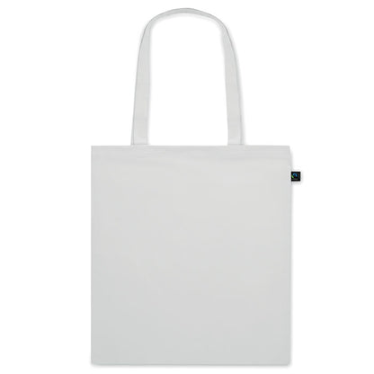 Bolsa blanca de algodón con asas largas y etiqueta de certificado Fairtrade cosida en el lateral