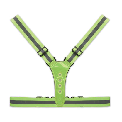 Chaleco ajustable con bandas plateadas y luces delanteras y traseras.