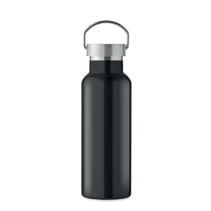 Botella de acero negra con tapa con asa