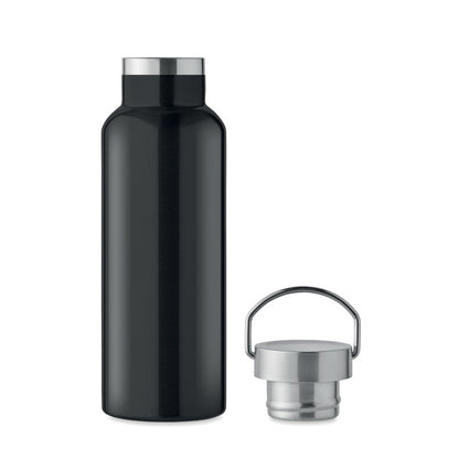Botella de acero negra con tapa al lado