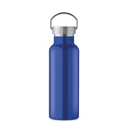 Botella de acero azul con tapa con asa