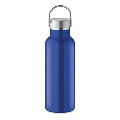 Botella de acero azul con tapa con asa