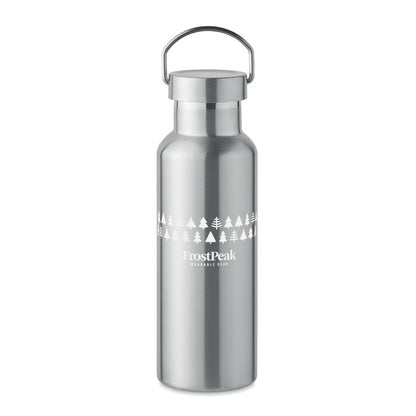 Botella de acero plata con tapa con logo