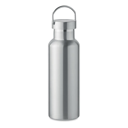 Botella de acero plata con tapa con asa