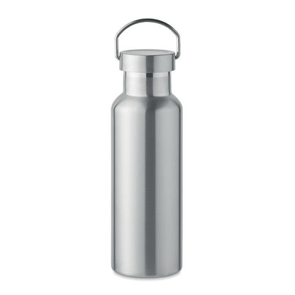 Botella de acero plata con tapa con asa