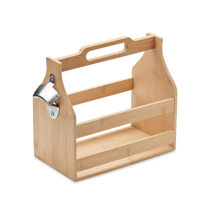 Portabotellas de madera con capacidad para 6 botellas y abrebotellas metálico en el lateral