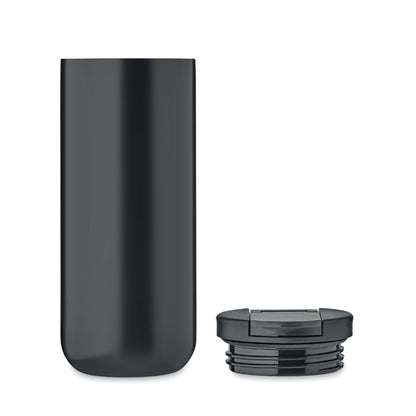 Vaso de acero negro con tapadera de plástico hermética de cierre de rosca