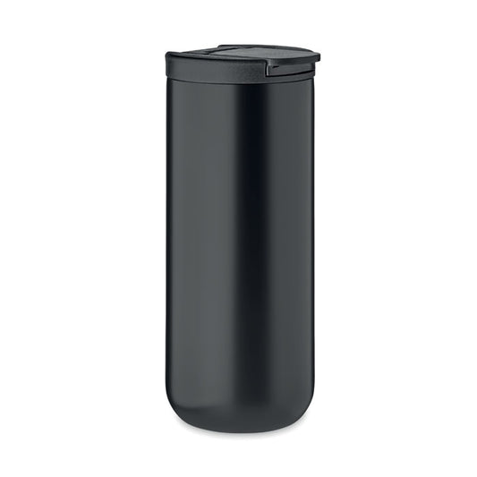 Taza de viaje de acero inoxidable negro con tapa, aislada al vacío y capacidad de 330 ml, diseño elegante.