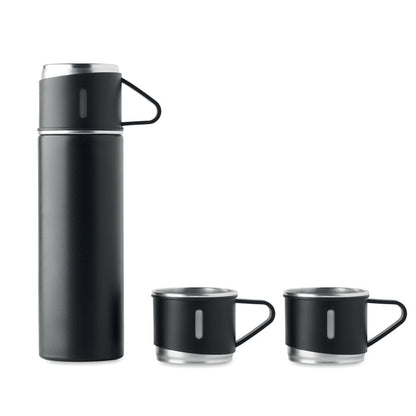 Botella con asa y con tazas de acero negro