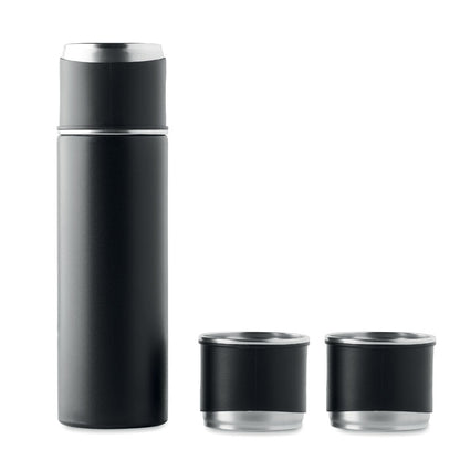 2 tazas con botella de acero negro