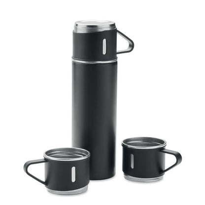 Botella y 2 tazas de acero inox. negro