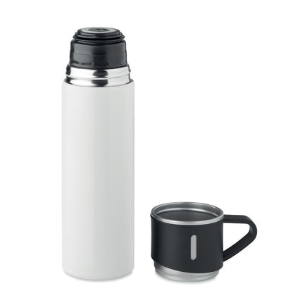 Botella de acero blanca con taza de tapa al lado