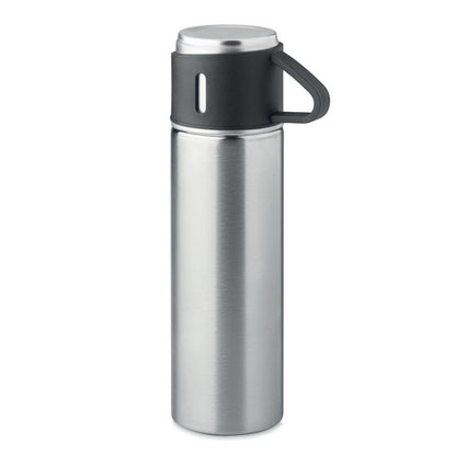 Botella de acero plata con taza de tapa