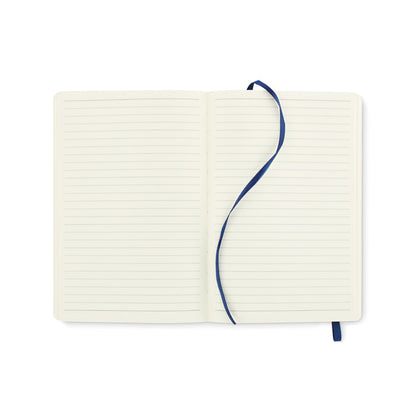 Vista libreta abierta azul con marcapáginas