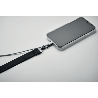 Móvil plateado con lanyard