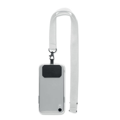 Móvil plateado con lanyard blanco