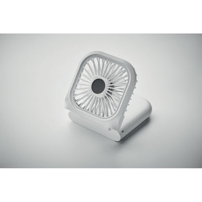 Ventilador pequeño blanco sobre fondo gris