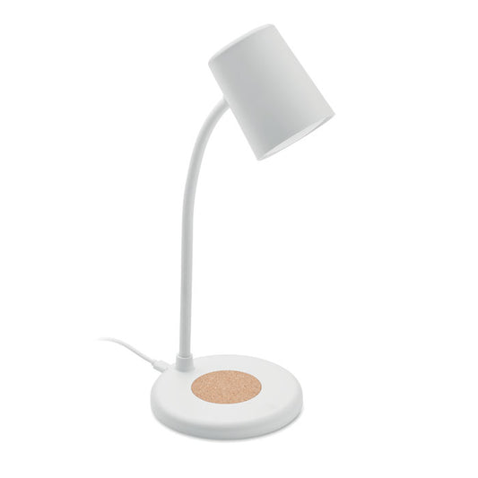 Lámpara de carga inalámbrica blanca con base redonda y detalle de corcho, diseño moderno y funcional.