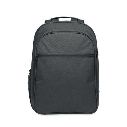 Vista frontal de mochila de negocios negra con bolsillo frontal con cremallera