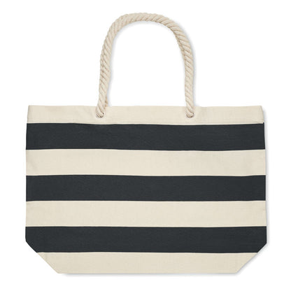 Bolsa de rayas negras y beige de estilo marinero para la playa con asas de cordones