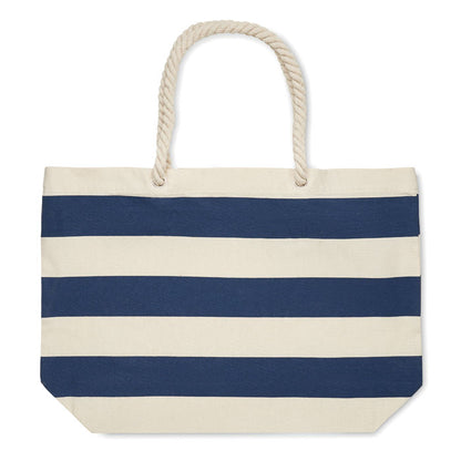 Bolsa de rayas azules y beige de estilo marinero para la playa con asas de cordones