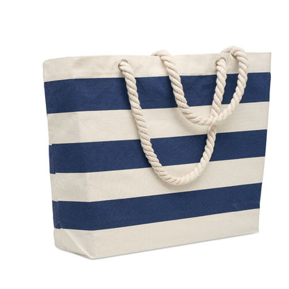 Bolsa de playa grande con fuelle color natural con rayas azules y con cordones gordos 