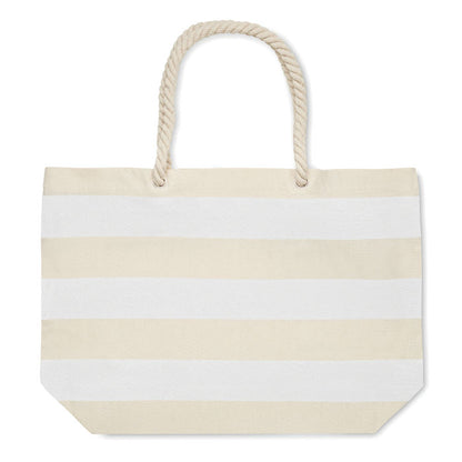 Bolsa de rayas blancas y beige de estilo marinero para la playa con asas de cordones