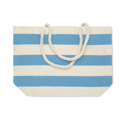 Bolsa de rayas blancas y beige de estilo marinero para la playa con asas de cordones