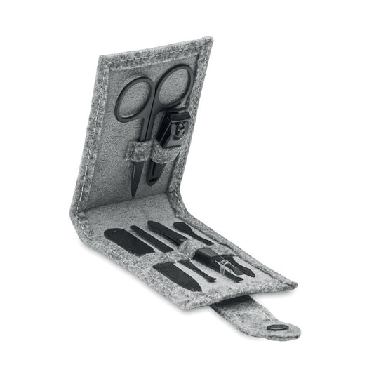 Set de manicura en estuche de fieltro gris con tijeras, cortauñas y 4 piezas para manicura