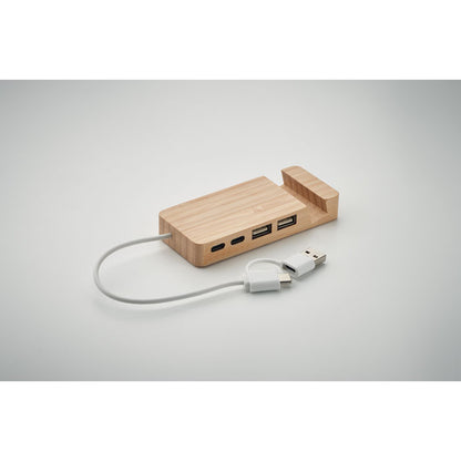 Hub USB de 4 puertos y soporte de móvil de bambú