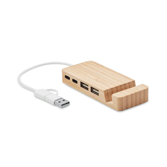 Hub USB de 4 puertos y soporte de móvil de madera