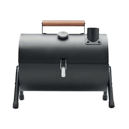 Barbacoa portátil negra con asa de madera
