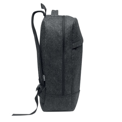 Vista lateral de mochila para portátil de fieltro gris con cierre cremallera
