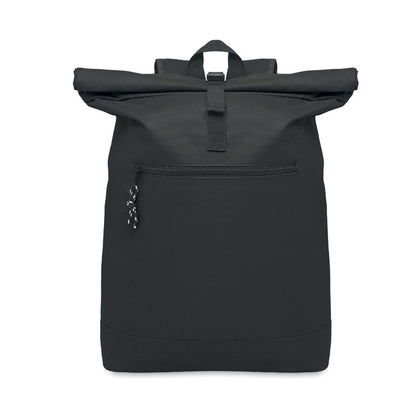 Mochila negra poliéster con cierre roll top con correas y bolsillo frontal con cremallera
